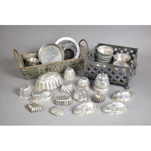 155 - A Collection of Various Metal Kitchen Moulds, Wooden Flower Trug and Metal Plant Stand