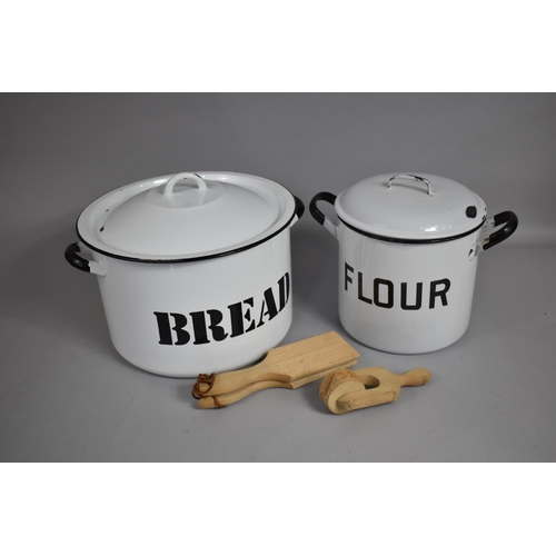 171 - Two Vintage White Enamelled Bins for Flour and Bread, The Latter 31cms Diameter