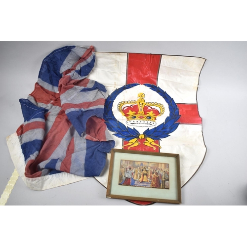 192 - A Small Collection or Royal Memorabilia to include Flags and Framed Coronation Silk by Brocklehurst