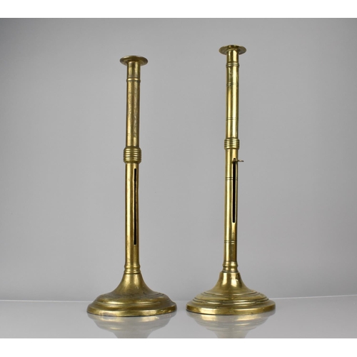 193 - A Large Pair of 18th/19th Century Cellarman Brass Candlesticks with Ejector Handles on Circular Base... 