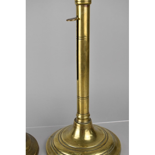 193 - A Large Pair of 18th/19th Century Cellarman Brass Candlesticks with Ejector Handles on Circular Base... 