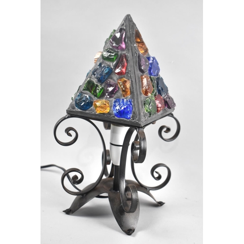 199 - A Mid 20th century Wrought Iron and Coloured Glass Table Lamp with Pyramid Shade, 33cms High