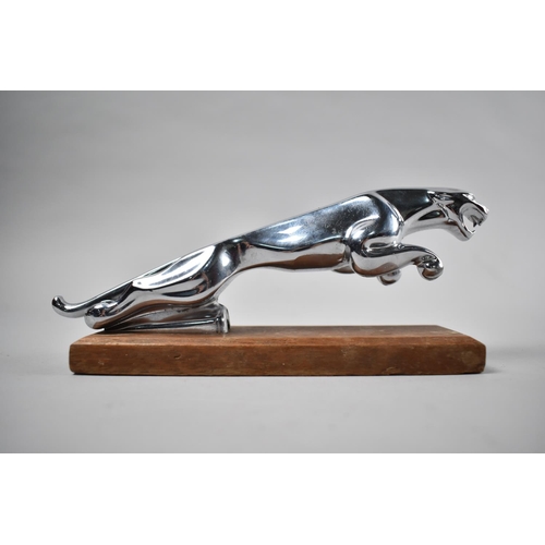 202 - A Mid 20th Century Chrome Jaguar Bonnet Mascot Set on Wooden Plinth, 20cms Long