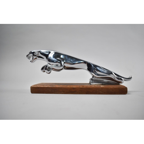 202 - A Mid 20th Century Chrome Jaguar Bonnet Mascot Set on Wooden Plinth, 20cms Long