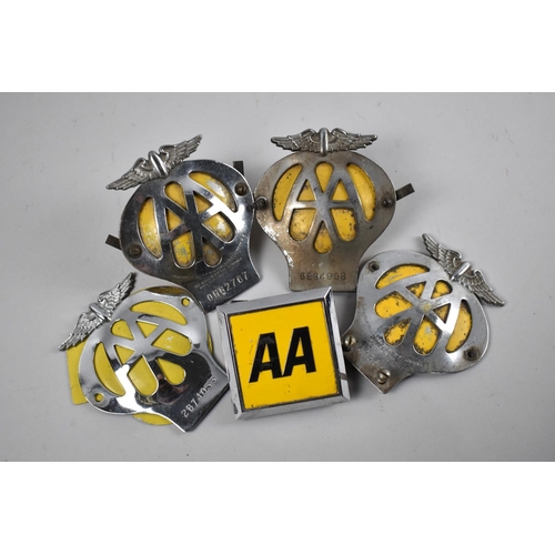 207 - A Collection of Four Vintage Chrome and Yellow AA Badges together with a Single Later Example