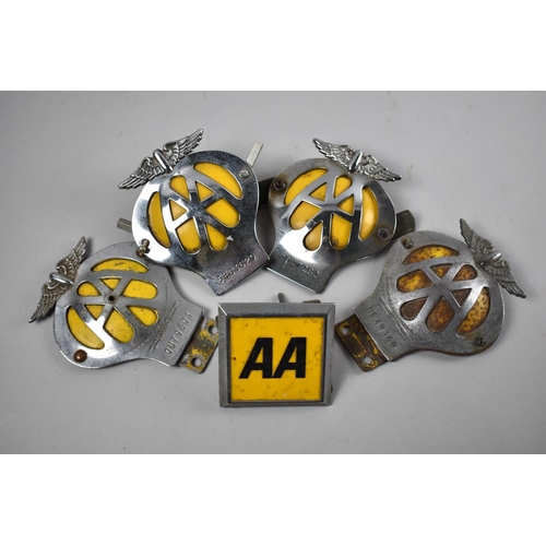 209 - A Collection of Four Vintage Chrome and Yellow AA Badges together with a Later Square Example