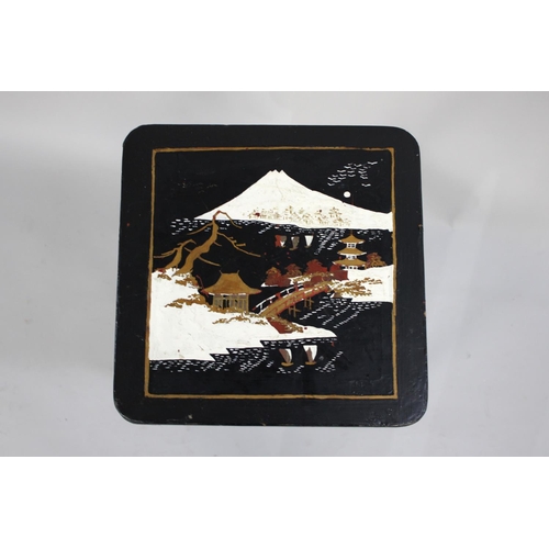 212 - A Small Painted Japanese Stand or Occasional Table with Painted Square Top Depicting Mount Fuji, 29c... 