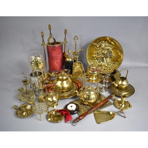 312 - A Collection of Various Brass to comprise Chargers, Kettle and Iron Trivet, Teapots Etc