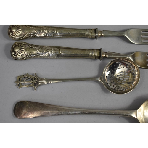 319 - A Collection of Various Silver Plated Cutlery, Bone Handled Carving Items Spoons, Salt Etc