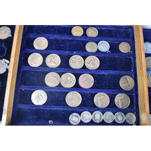 36 - An Edwardian Mahogany Coin or Medal Box Containing Two Removable Trays of Sporting Medallions and Me... 