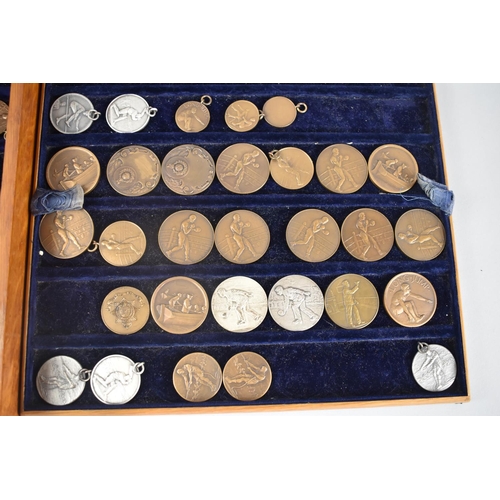 36 - An Edwardian Mahogany Coin or Medal Box Containing Two Removable Trays of Sporting Medallions and Me... 