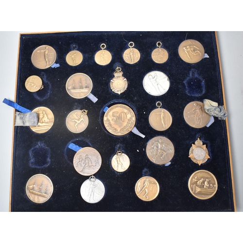 36 - An Edwardian Mahogany Coin or Medal Box Containing Two Removable Trays of Sporting Medallions and Me... 