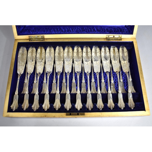 37 - An Edwardian Mahogany Canteen Containing 12 Silver Plated Fish Knives and Forks and Pair of Servers,... 