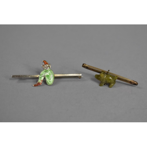 381 - An Early 20th Century Gold Plated Bar Brooch with Carved Connemara Marble Pig together with a Sterli... 