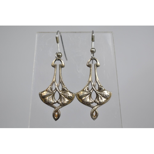 386 - A Pair of White Metal Drop Earrings in the Art Nouveau Style with Organic Leaf Motif