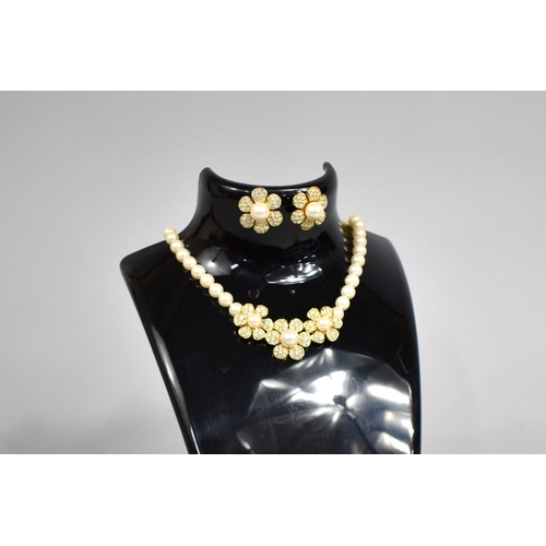 394 - A Napier Suite to comprise Pearl Necklace with Daisy Gilt Metal Pendant and Matching Earrings