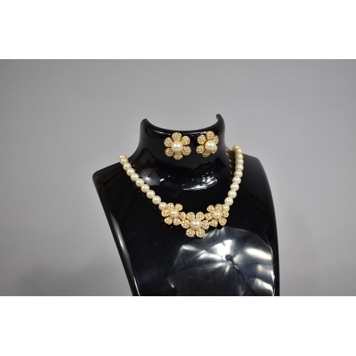 394 - A Napier Suite to comprise Pearl Necklace with Daisy Gilt Metal Pendant and Matching Earrings