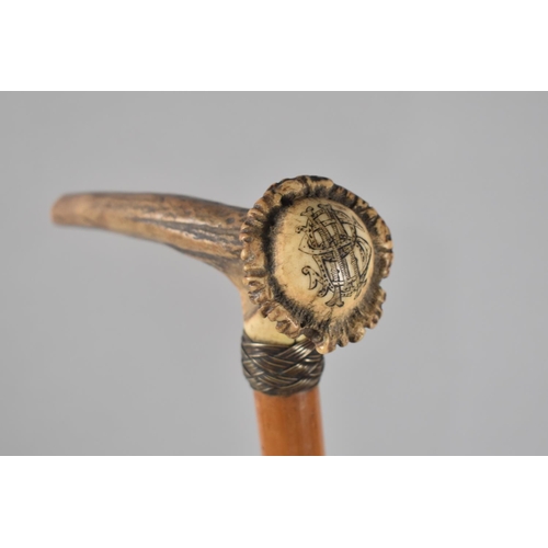 4 - A Vintage Malacca Riding Crop with Antler Handle Monogrammed Possibly for North Shropshire Hunt, 66c... 