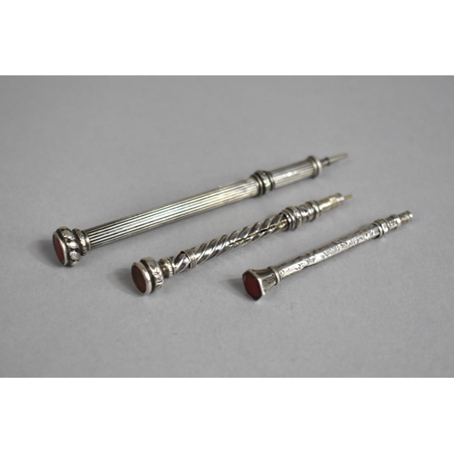 408 - Three Silver Sliding Pencils all with Jewelled Ends, the One with Twisted Barrel by T.W. Birmingham ... 