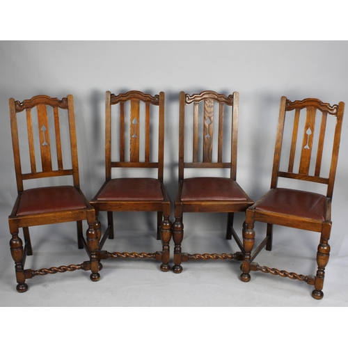 413 - A Set of Four Oak Framed Dining Chairs with Barley Twist Supports and Bar Backs with Central Splat H... 