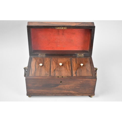 47 - A Mid 19th Century Rosewood Three Division Tea Caddy of Sarcophagus Form, Bone Handles to Box Lids, ... 