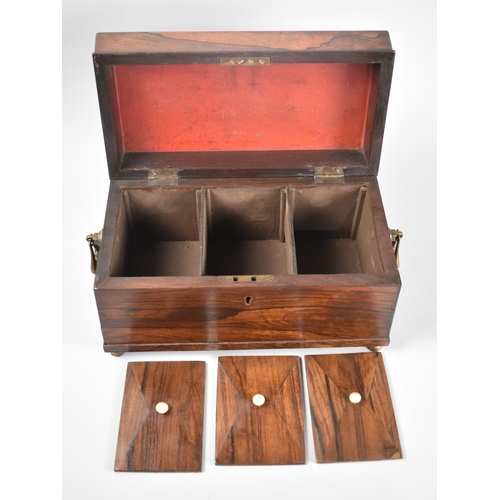 47 - A Mid 19th Century Rosewood Three Division Tea Caddy of Sarcophagus Form, Bone Handles to Box Lids, ... 