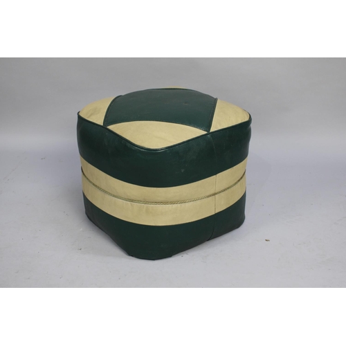 491 - A 1950s Leather Upholstered Pouffe in Green and Cream, 40cms Square