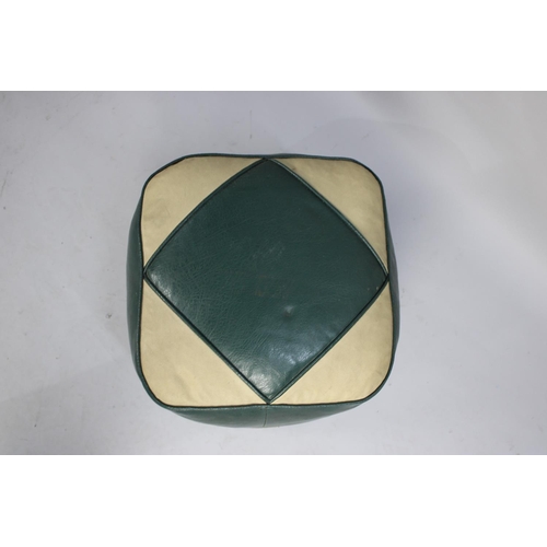 491 - A 1950s Leather Upholstered Pouffe in Green and Cream, 40cms Square