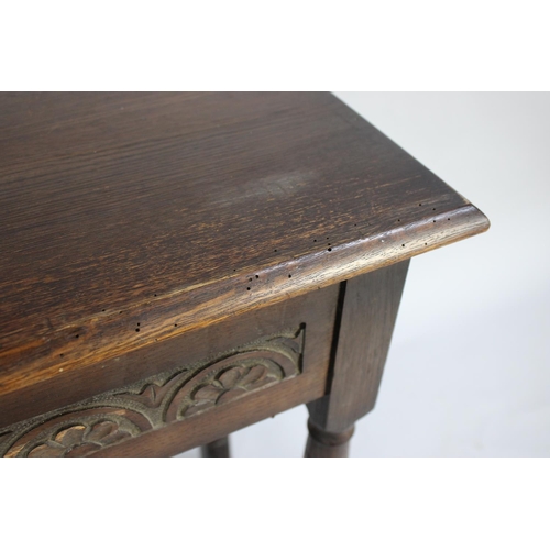 493 - A Mid 20th Century Oak Rectangular Side Table with Single Long End to End Drawer, Carved Front Rail ... 