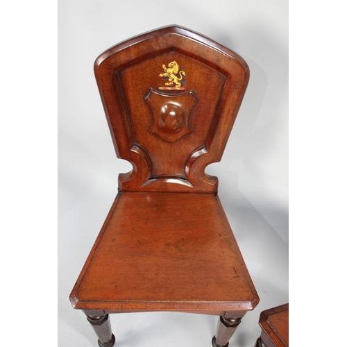 509 - A Pair of 19th Century Mahogany Hall Chairs, the Shield Backs with Painted Heraldic Lions on Turned ... 