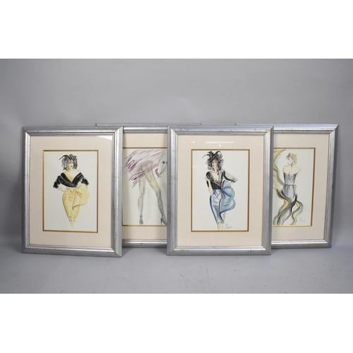 524 - A Set of Four Pen and Ink Fashion Designs in Pen and Wash, Signed HK and Two Dated '99 and the Other... 