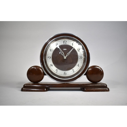 69 - An Art Deco Chrome and Wooden Mantel Clock of Circular Form by Metamec, Plinth Base 30cms Wide, Move... 