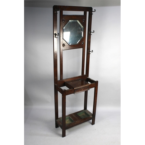 87 - An Edwardian Oak Narrow Hall Stand with Centre Glove Box Having Hinged Lid, Two Metal Drop Trays and... 