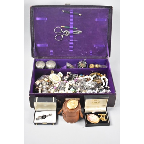 139 - A Vintage Fitted Ladies Travelling Case Containing Costume Jewellery, Lidded Pots, Leather Box Etc