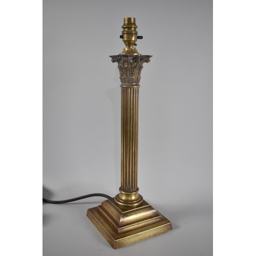 106 - A Vintage Brass Corinthian Column Table Lamp with Reeded Support on Stepped Square Base, 45cms High