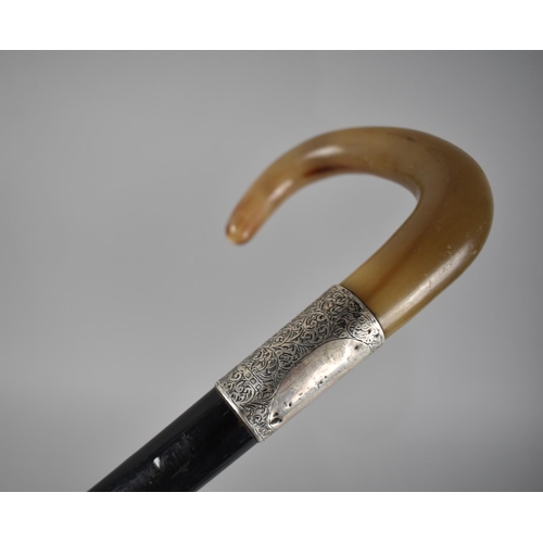 27 - A Silver Mounted Horn Handled Ebony Walking Stick, Hallmarked London 1920 by Johnathon Howells