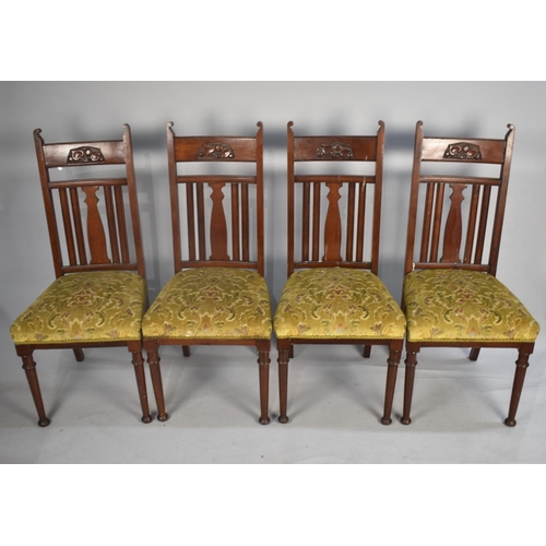 451 - A Set of Four Art Nouveau Influenced Dining Chairs with Bar Backs and Top Blind Carved Rail on Turne... 