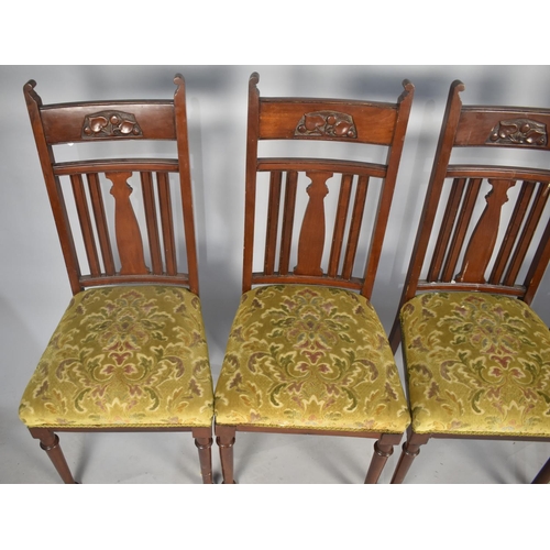 451 - A Set of Four Art Nouveau Influenced Dining Chairs with Bar Backs and Top Blind Carved Rail on Turne... 