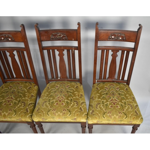 451 - A Set of Four Art Nouveau Influenced Dining Chairs with Bar Backs and Top Blind Carved Rail on Turne... 