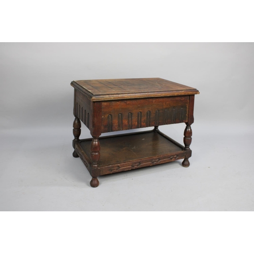 71 - A Mid 20th Century Oak Lift Top Sewing Box with Stretcher Shelf, Hinged Lid to Fitted Interior with ... 