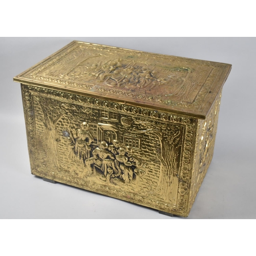 73 - A Mid 20th Century Pressed Brass Wooden Lined Coal or Slipper Box, Lid and Sides Decorated with tave... 