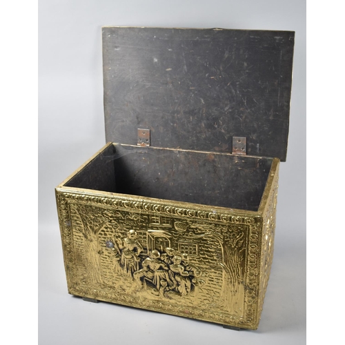 73 - A Mid 20th Century Pressed Brass Wooden Lined Coal or Slipper Box, Lid and Sides Decorated with tave... 