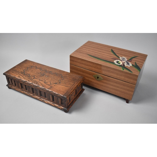 80 - A Modern Musical Jewellery Box, (Condition issues) together with an Earlier Oak Example in the Form ... 