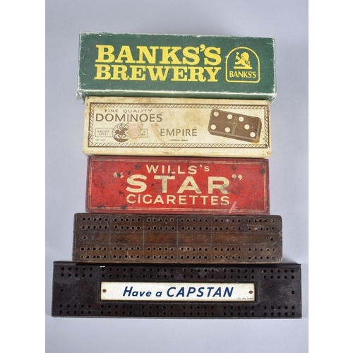 108 - A Collection of Two Vintage Cribbage Boards and Three Boxed Sets of Advertising Dominoes