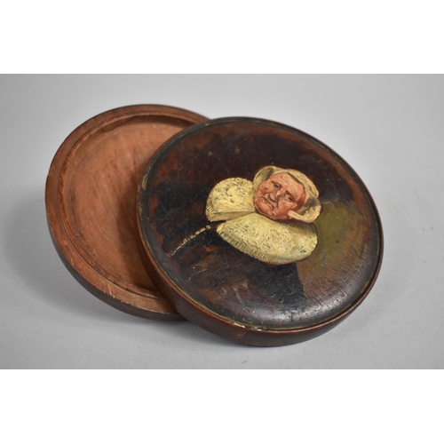 173 - A Circular Wooden box with Hand Painted Lid Depicting Continental Lady with Ruff, 11.5cms Diameter