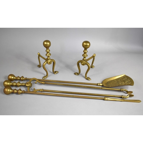 107 - A Set of Three Brass Long Handled Fire Irons and a Pair of Brass Dogs, 23cms High