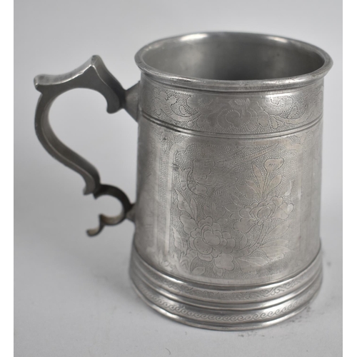 110 - A Far Eastern Glass Bottomed Pewter Tankard with Finely Engraved Decoration, 10cm High