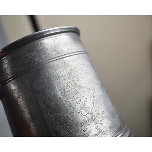 110 - A Far Eastern Glass Bottomed Pewter Tankard with Finely Engraved Decoration, 10cm High