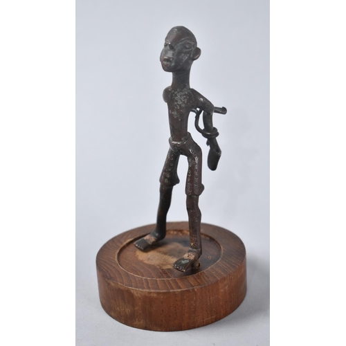 111 - A Vintage African Benin Bronze Figure Depicting Slave with Hands Tied Behind Back, Circular Wooden P... 