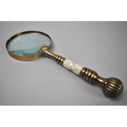 112 - A Modern Brass and Mother of Pearl Handled Desktop Magnifying Glass, 25.5cms Long